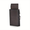 A dark brown genuine leather RFID blocking card wallet with a folded design.