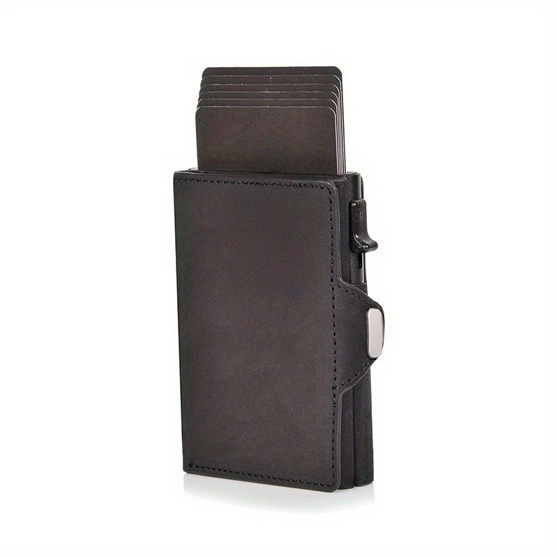 A dark brown genuine leather RFID blocking card wallet with a folded design.