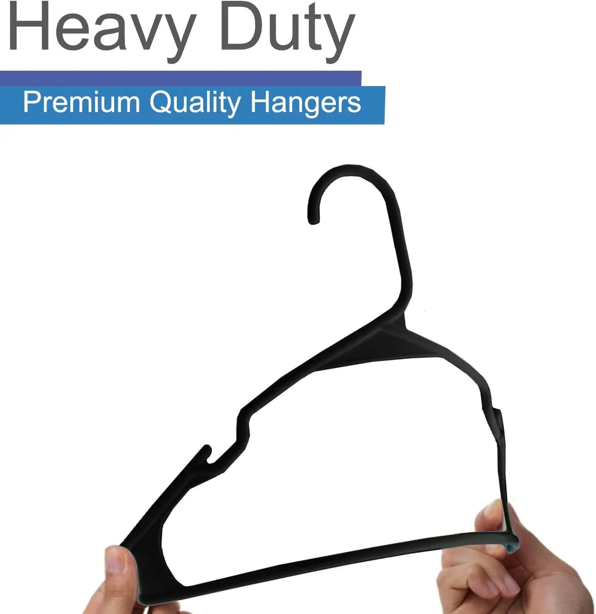 A black durable plastic non-slip clothing hanger being held by a hand.