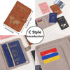 Various brown, pink, and gray PU leather passport and ID holder covers displayed in different angles.