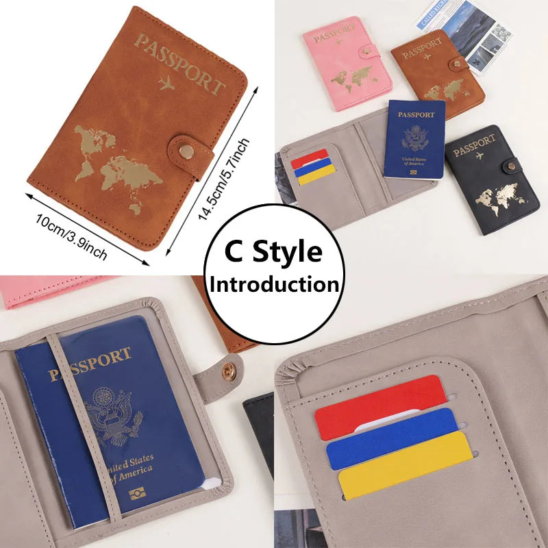 Various brown, pink, and gray PU leather passport and ID holder covers displayed in different angles.