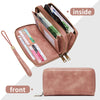 A pink vintage double-zipper wallet shown with the inside compartment open revealing cash and cards, and the front view.