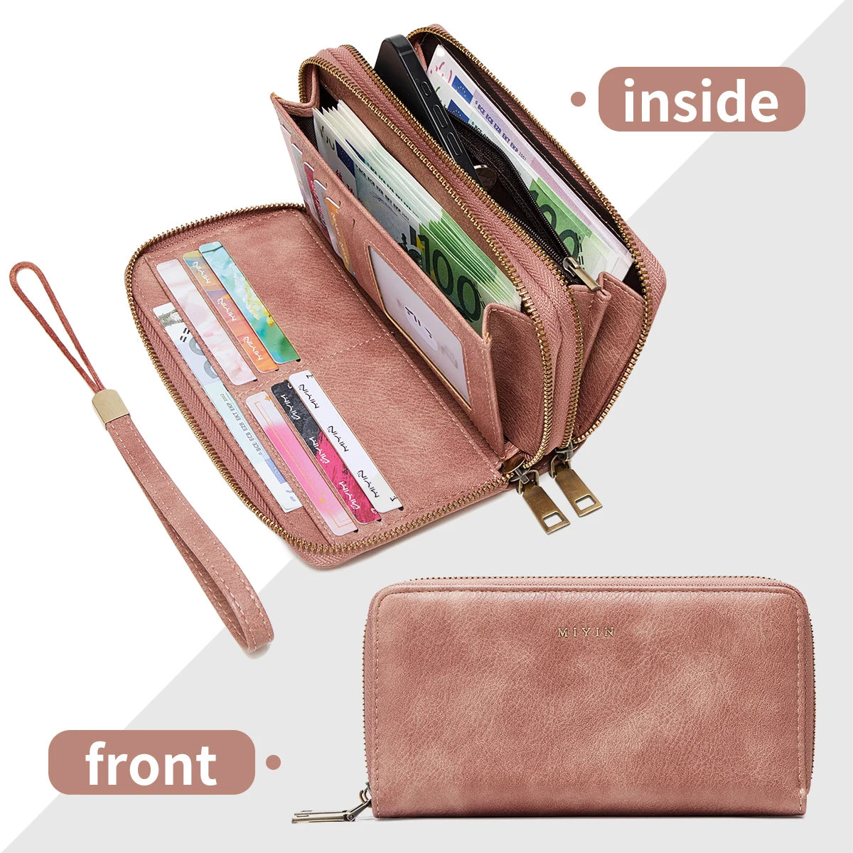 A pink vintage double-zipper wallet shown with the inside compartment open revealing cash and cards, and the front view.