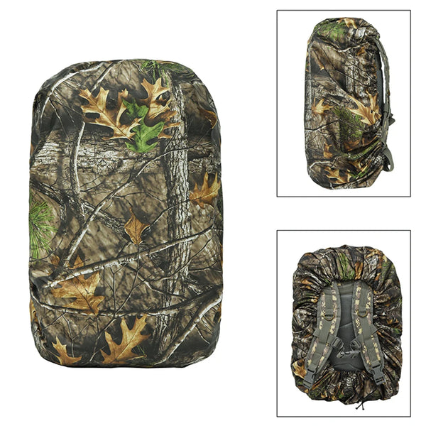 A heavy-duty tactical backpack rain cover featuring a camouflage pattern of leaves and branches.
