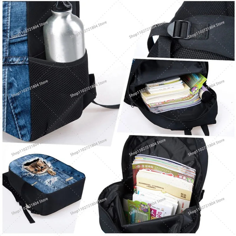 Black capacity backpack with anime print featuring various colored papers and a silver bottle.