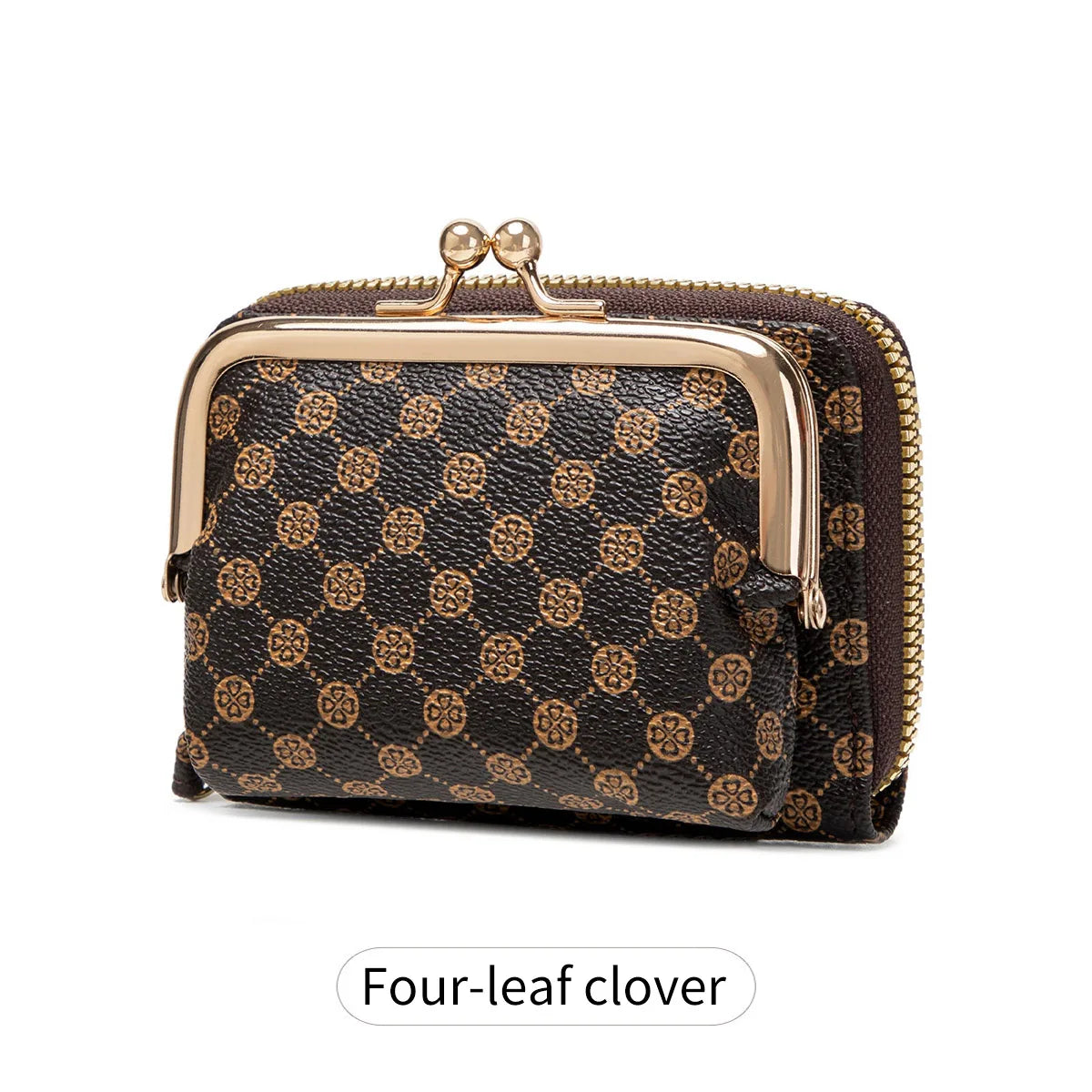 A dark brown leather accordion card holder wallet with a gold-toned clasp and a repeating four-leaf clover pattern.
