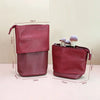 A maroon stretchable PU leather makeup brush storage case shown with brushes inside and external dimensions.