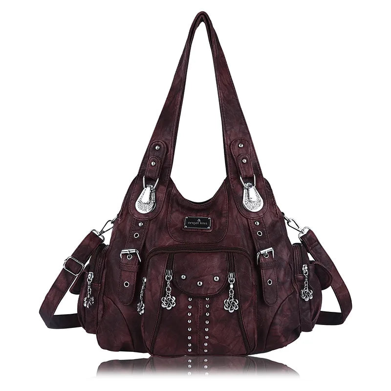 A dark brown vintage PU leather hobo shoulder bag with silver hardware
