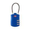 A blue TSA-approved 3-dial combination cable lock with a silver braided cable.