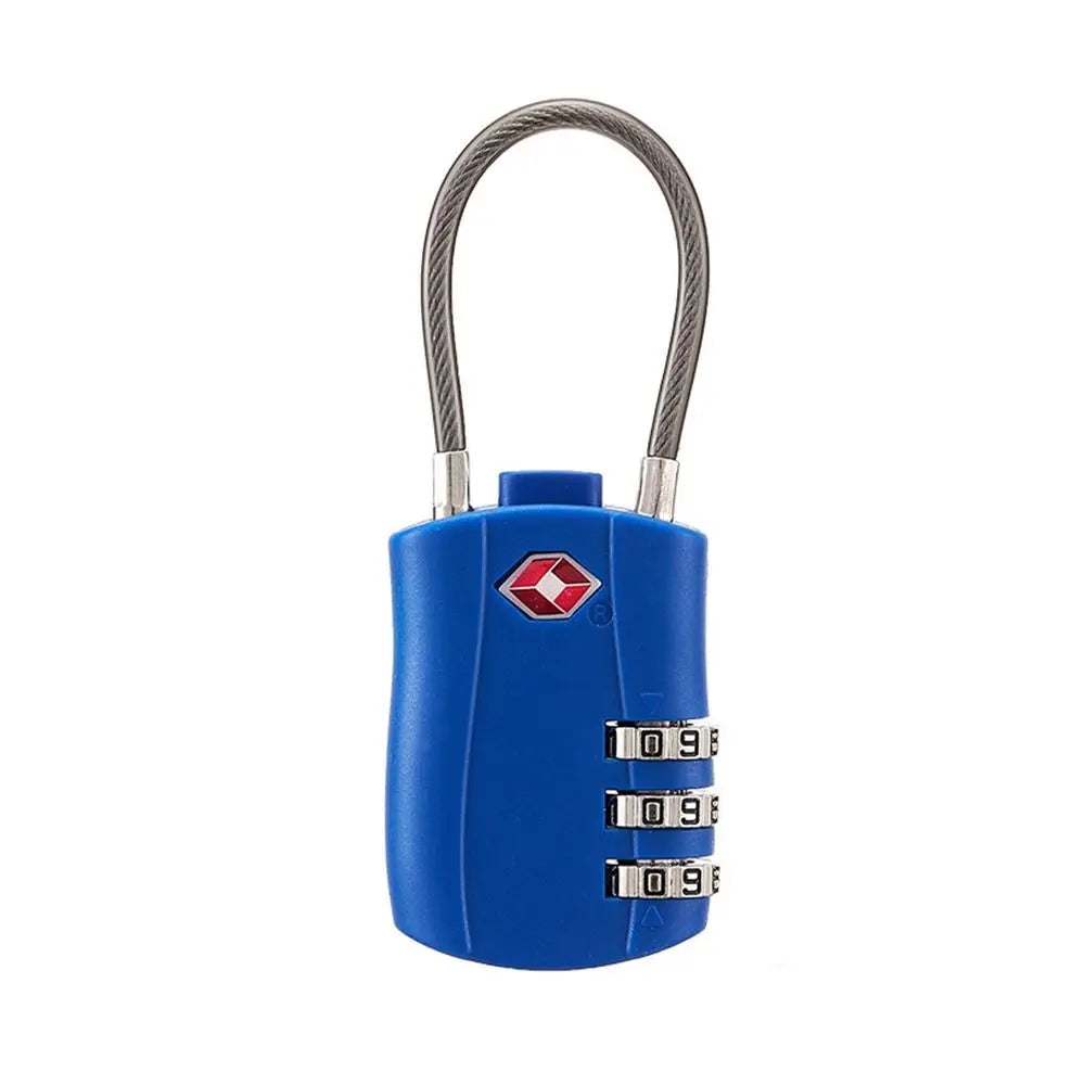 A blue TSA-approved 3-dial combination cable lock with a silver braided cable.