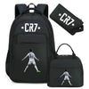 Black sports laptop backpack featuring a graphic of a soccer player and an attached rain cover.