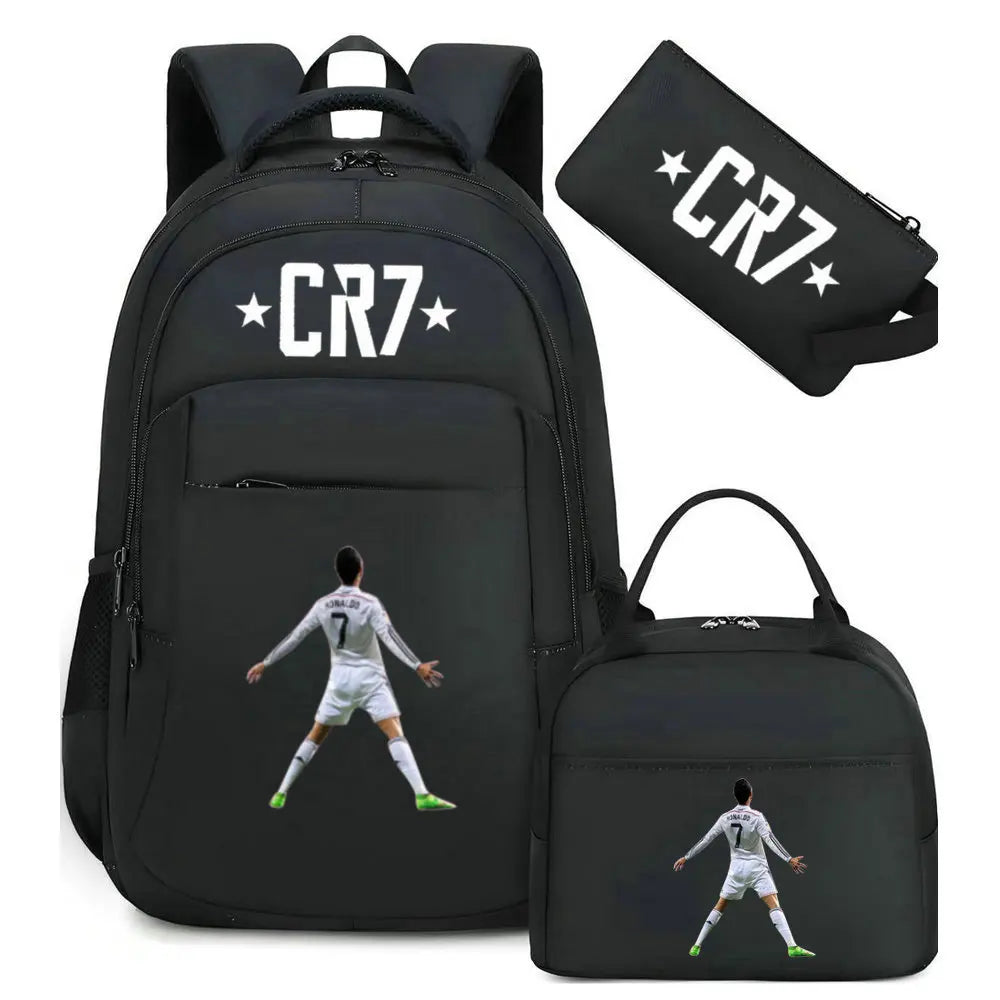 Black sports laptop backpack featuring a graphic of a soccer player and an attached rain cover.