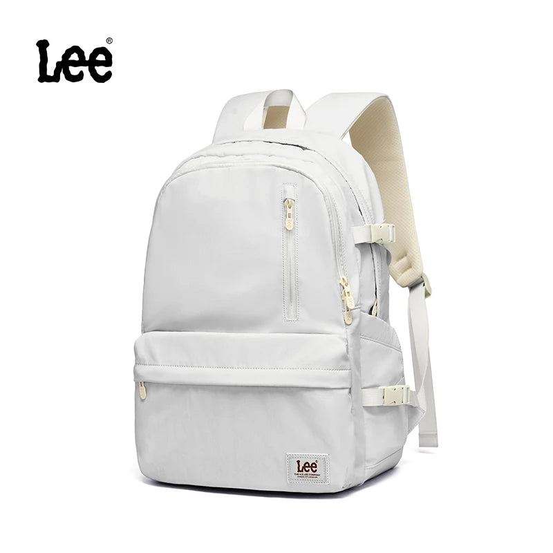 A white Lee oxford school backpack with a laptop sleeve shown from the back.