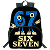 A black backpack featuring a large blue graphic of the numbers six and seven.