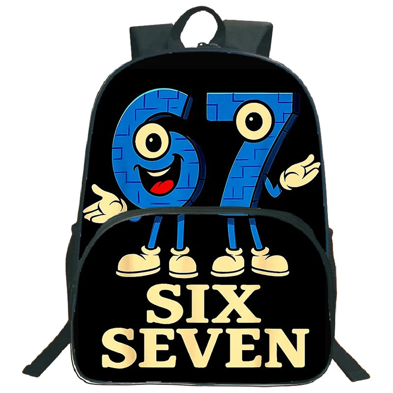 A black backpack featuring a large blue graphic of the numbers six and seven.