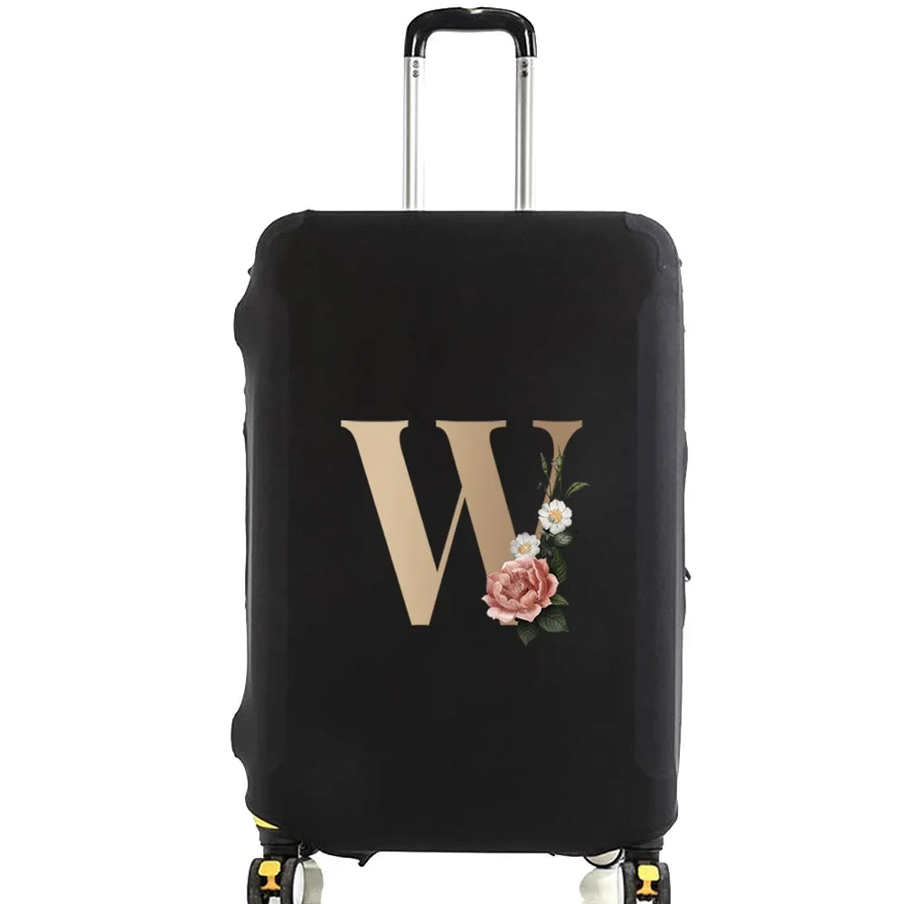 Black premium elastic luggage protective cover with a gold initial W and floral accent