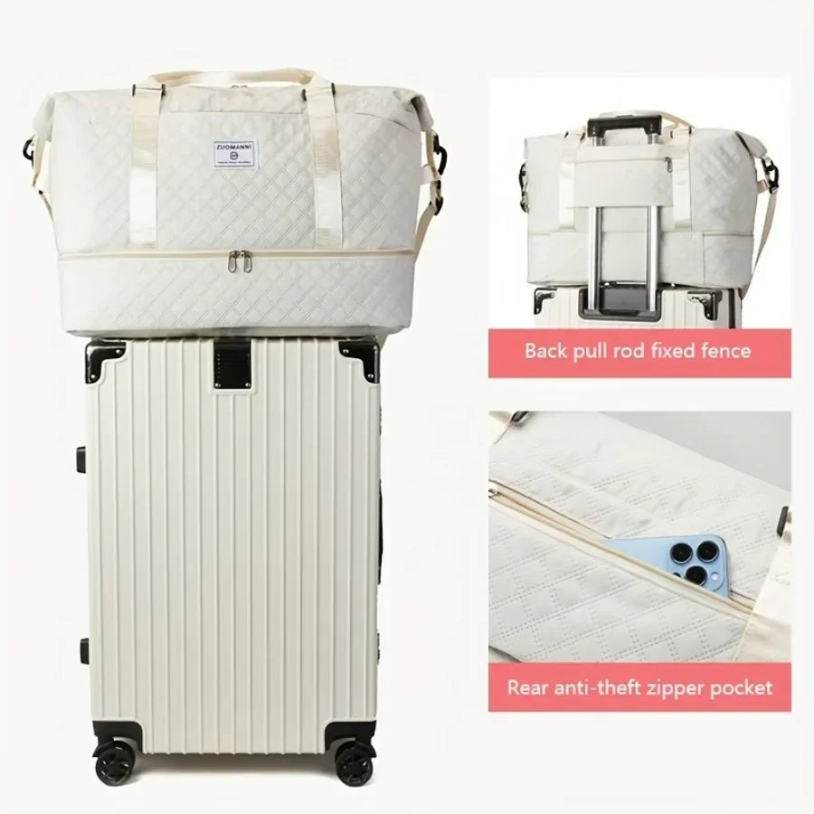A cream-colored travel duffel bag with a padded top section and a rolling suitcase base, showing various features.