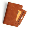 A brown leather passport wallet with a card slot and the word PASSPORT embossed on the cover.