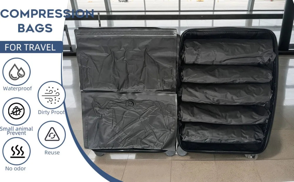 A black reusable vacuum storage bag set shown open, demonstrating waterproof and odor-free storage for travel.