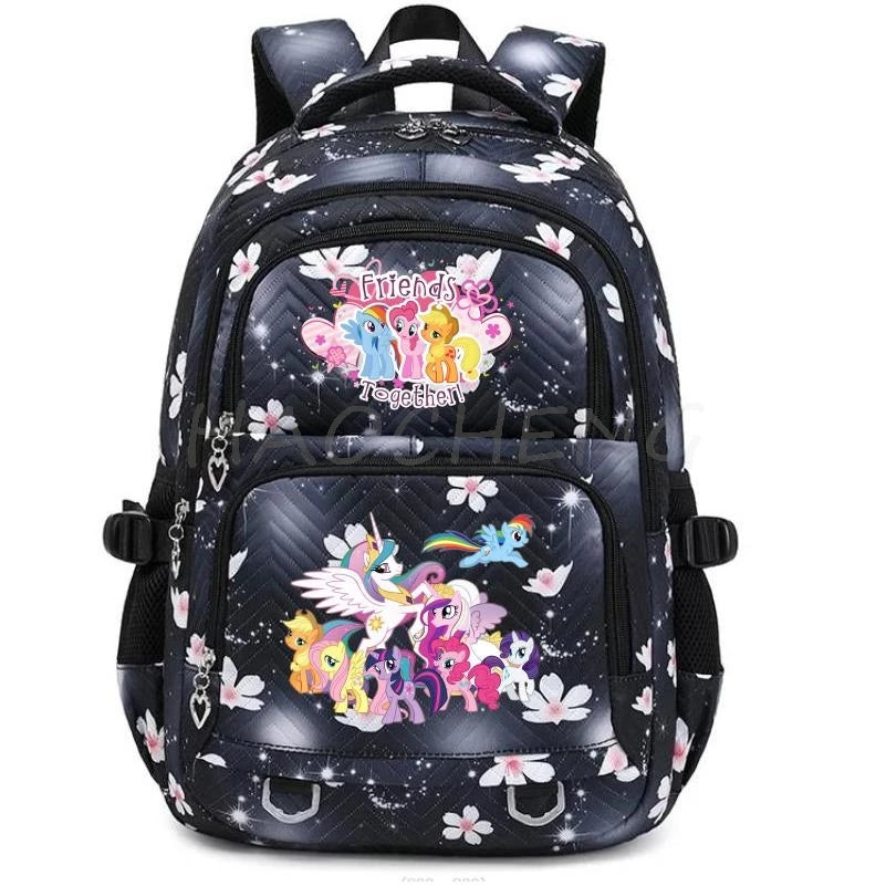 A black backpack with a floral and starry pattern featuring colorful characters.