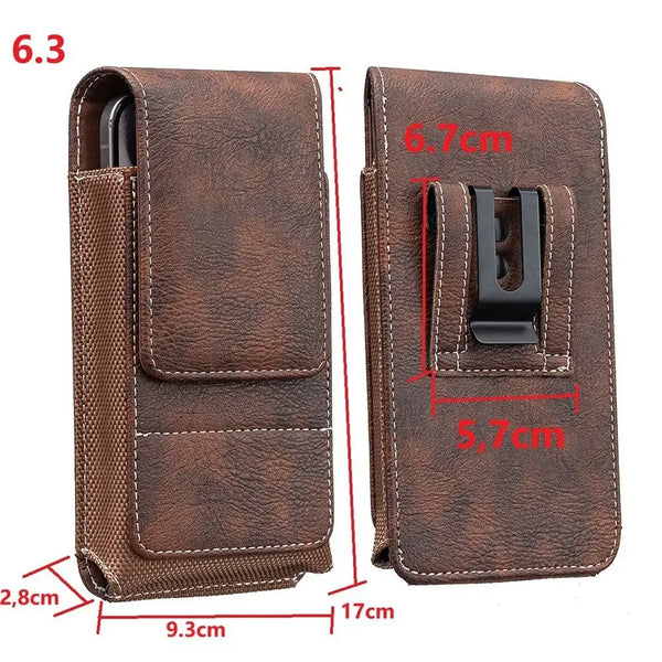 Pochette de téléphone en cuir PU brun premium, avec dimensions et caractéristiques.