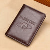 A brown genuine leather passport holder with the word PASSPORT and an emblem on the cover.