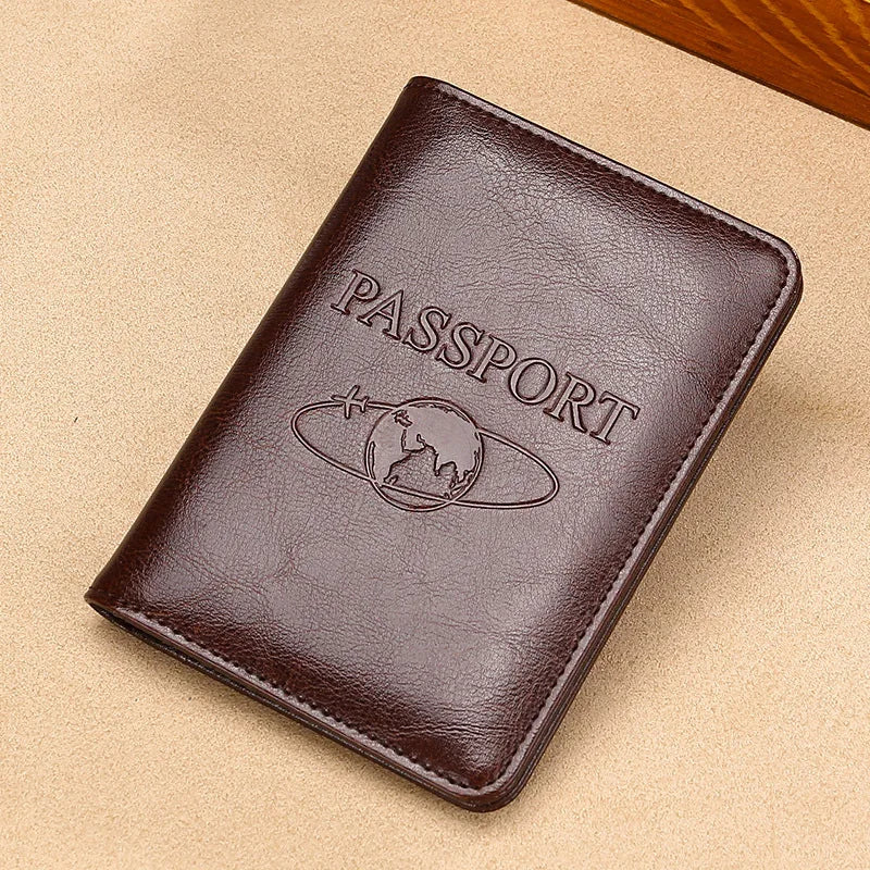 A brown genuine leather passport holder with the word PASSPORT and an emblem on the cover.
