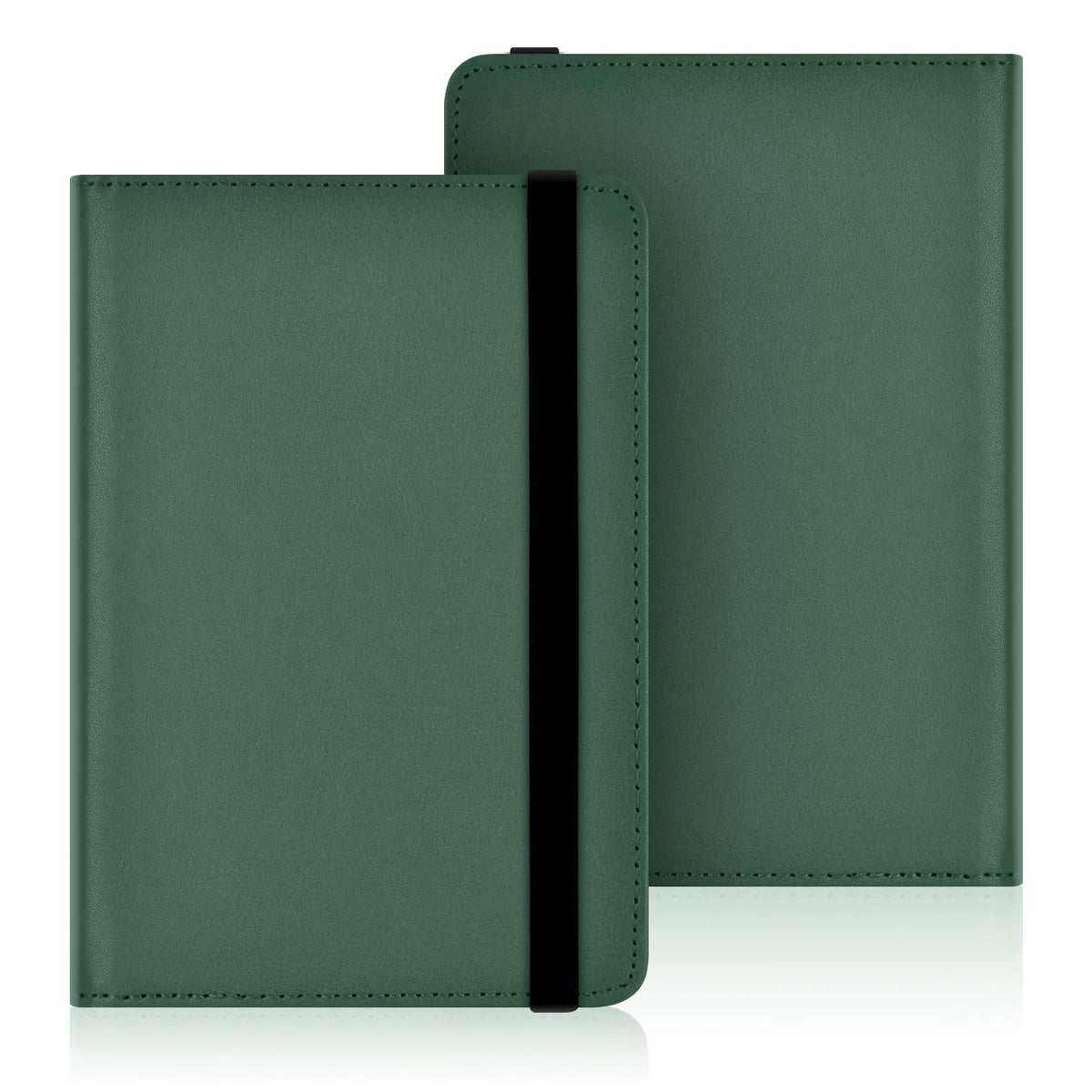A dark green universal e-book cover with a protective black strap, shown in a closed book format.