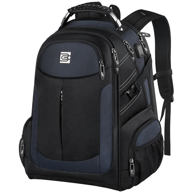 A black durable men's laptop backpack with multiple compartments and straps.