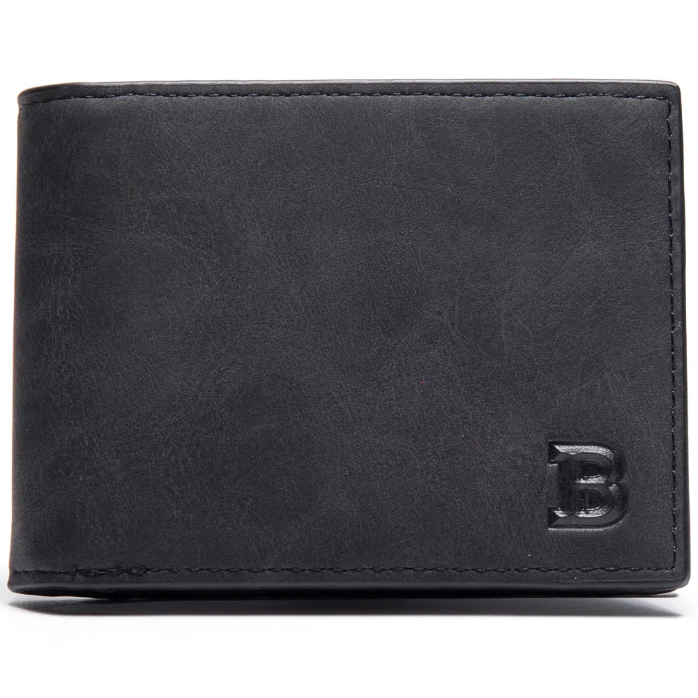 A black slim leather wallet for men featuring a debossed initial B.