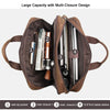 Brown leather briefcase with multi-closure design showing various compartments for documents and a laptop sleeve