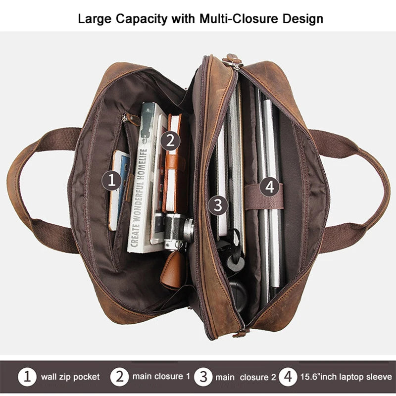 Brown leather briefcase with multi-closure design showing various compartments for documents and a laptop sleeve