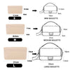 Three sizes of felt bag inserts or organizers labeled S, M, and L showing their dimensions.