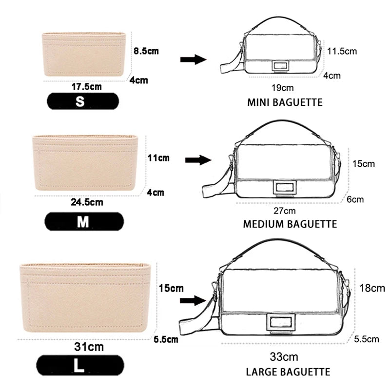 Three sizes of felt bag inserts or organizers labeled S, M, and L showing their dimensions.