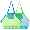 A bright lime green mesh beach and storage bag with blue trim, featuring two handles.