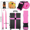 A set of adjustable luggage straps including a strap, a box, and a pink rolling suitcase.