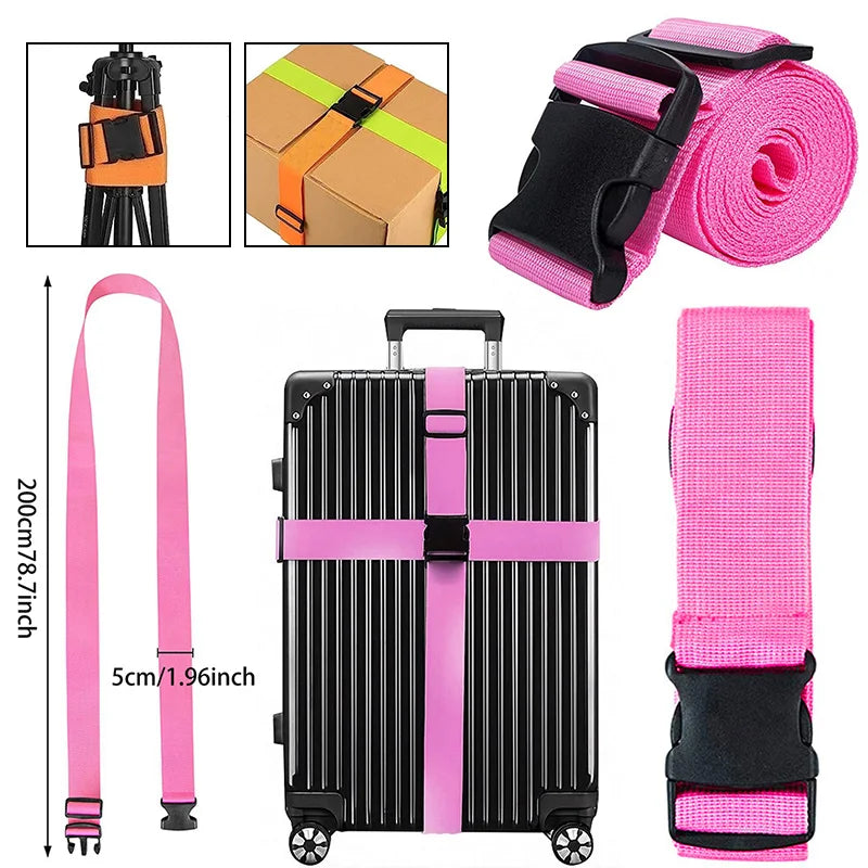 A set of adjustable luggage straps including a strap, a box, and a pink rolling suitcase.