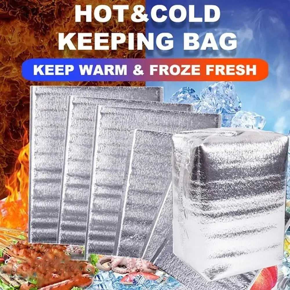 A silver insulated keeping bag is shown next to ice cubes and food items, emphasizing its ability to keep food warm or frozen