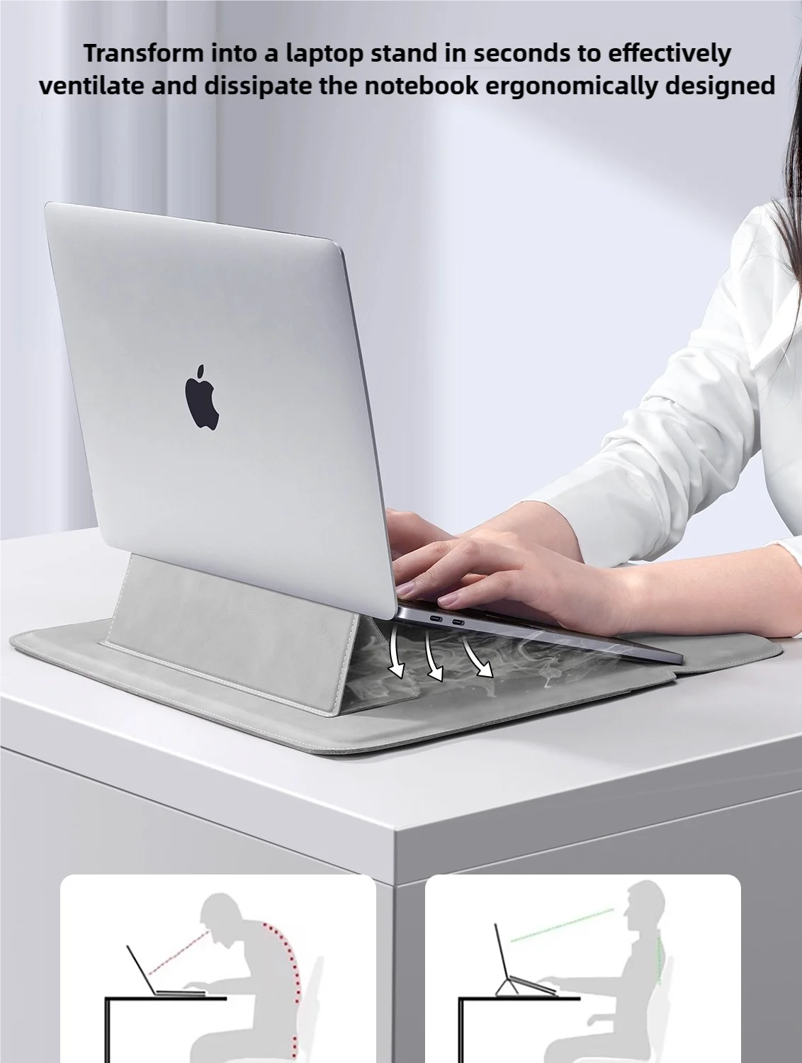 A laptop is placed on a stand designed to improve ventilation and dissipate heat.