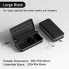 Bolsa portátil negra para organizar cables con tapa bisagra, mostrada junto a su forma plana desplegada.
