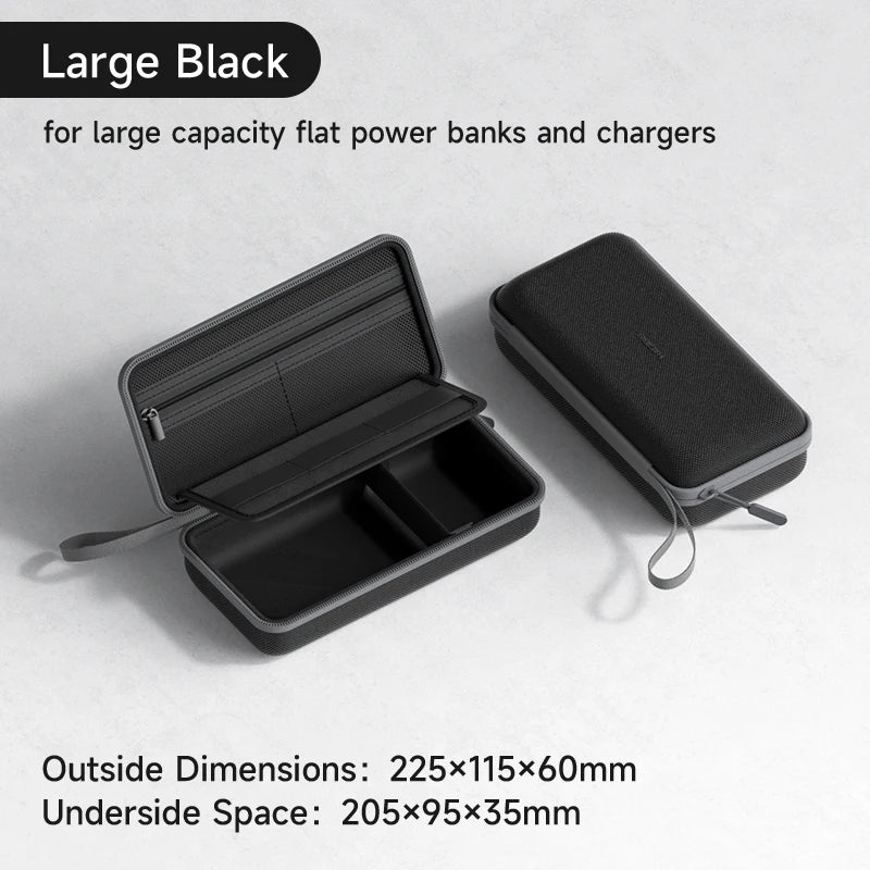 Bolsa portátil negra para organizar cables con tapa bisagra, mostrada junto a su forma plana desplegada.