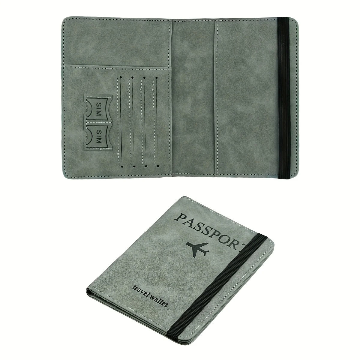 A grey leather passport holder with slots for SIM cards and a black trim.