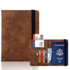 Braunes Leder-Passwallet-Cover mit schwarzem Riemen und verschiedenen Ausweisdokumenten drinnen.
