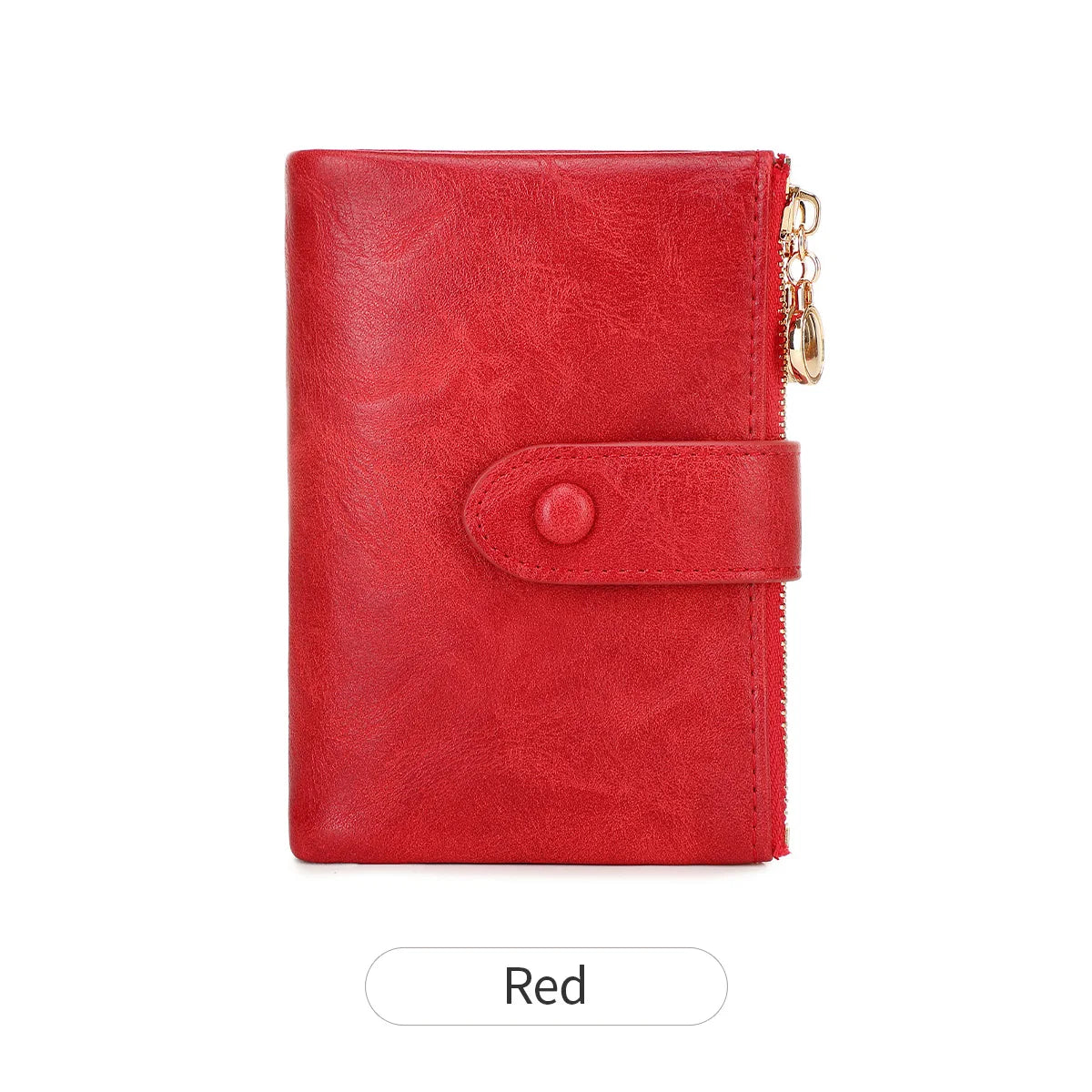 A red minimalist women's foldable wallet with a double zipper closure.