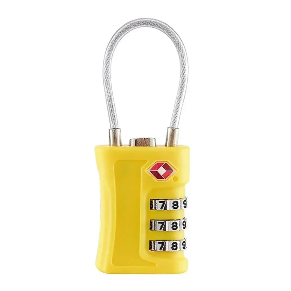 Yellow customizable combination lock with a silver wire and numbered dials