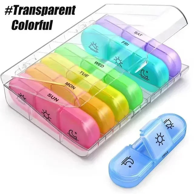A clear weekly pill organizer with seven colorful compartments for daily medication