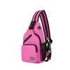 A pink multi-use adjustable chest and shoulder bag with black straps and pockets.