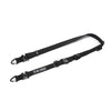 Black durable outdoor camping crossbody strap with adjustable buckle and branding.