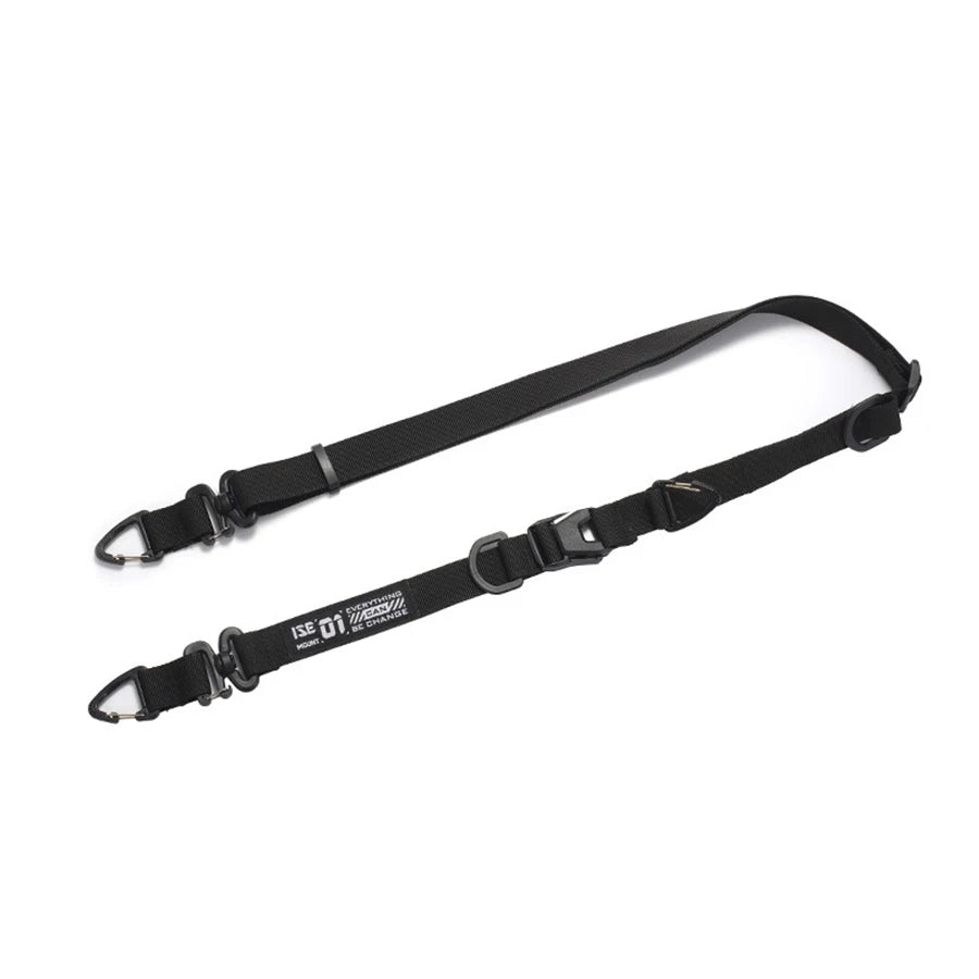 Black durable outdoor camping crossbody strap with adjustable buckle and branding.