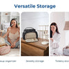 Three storage options shown: a makeup organizer, jewelry storage, and a toiletry storage container.
